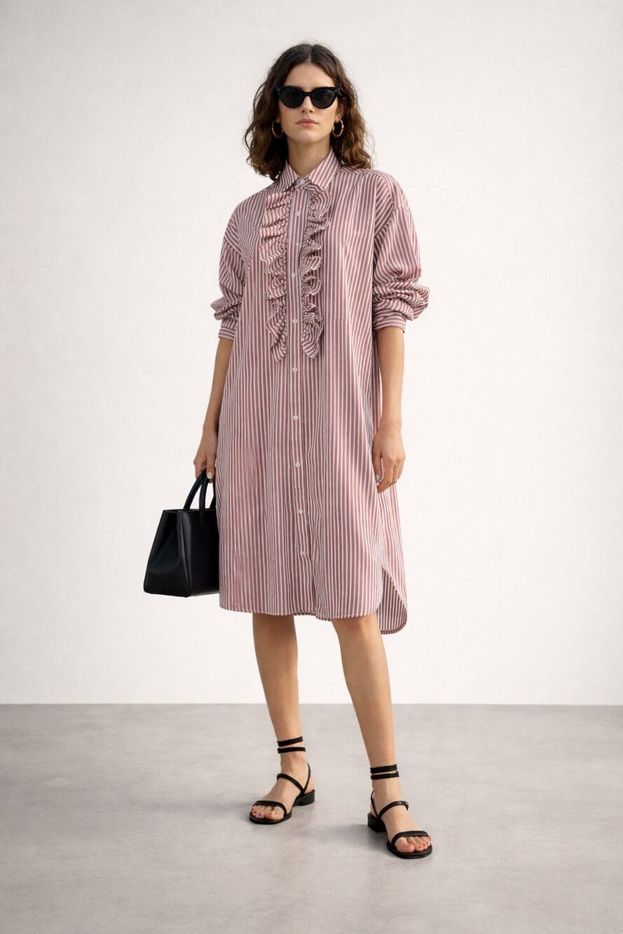 Plan C Ruffle Collared Crisp Cotton Shirt Dress Preppy Striped 42 Size 6